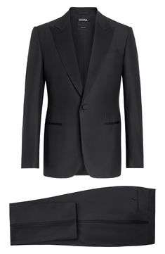 A sumptuous choice for formal wear, this classically styled black tuxedo is impeccably tailored in Italy from a blend of superfine wool and lustrous silk. Jacket has one-button closure; peaked lapels; split cuffs; chest pocket; welt pockets; side vents Trousers have zip fly with hook-and-bar closure; front slant pockets; back button-welt pockets Jacket is lined; trousers are lined to the knee 85% wool, 15% silk Dry clean Made in Italy Men's Designer Clothing Classic Custom Fit Evening Suits, Elegant Black Tuxedo With Pressed Crease, Luxury Black Tie Suit With Pressed Crease, Classic Evening Tuxedo With Structured Boning, Classic Three-piece Suit With Pressed Crease For Evening, Timeless Black Three-piece Suit For Formal Occasions, Timeless Black Evening Suit, Classic Black Three-piece Suit For Black-tie Events, Classic Three-piece Suit For Black-tie Events With Pressed Crease