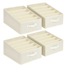 three white plastic drawers with handles and dividers on each side, set of 3