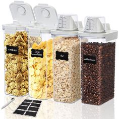 three containers filled with different types of cereals and other food in front of a white background