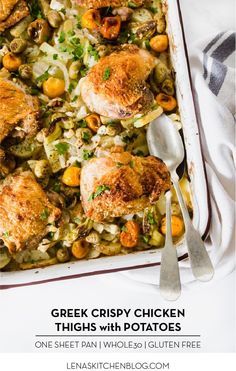 a casserole dish with chicken thighs and potatoes