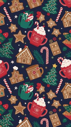 seamless christmas pattern with hot chocolate and candy canes on dark blue background photo