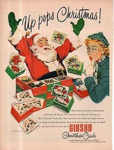 an advertisement for gibson christmas cards featuring santa and mrs claus