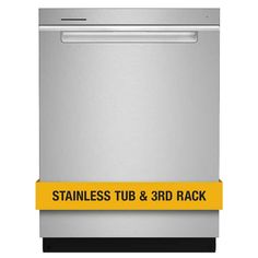 a stainless steel dishwasher with yellow tape around it and the words, stainless tub & 3rd rack