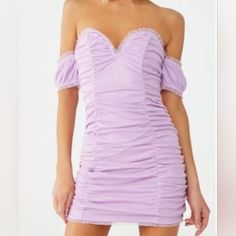 New With Tags Size: Us Medium Color: Lilac With Sparkles Double Lined Material And Corset Like Boning Near Top For Structure. Zip And Hook Back Closure. Can Fit Like A Small As Well. Off The Shoulder Mini Dress, Forever 21 Dresses, Color Purple, Off The Shoulder, Lilac, Colorful Dresses, Forever 21, Mini Dress, Womens Dresses