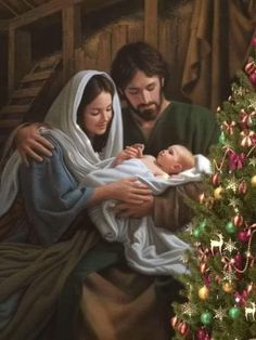 a painting of a man and woman holding a baby in front of a christmas tree