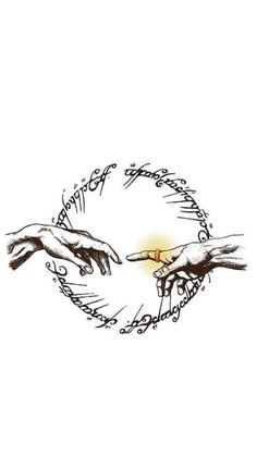 two hands touching each other in the middle of a circle with words written on it