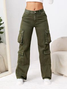 Flap Pocket Cargo Jeans Army Green Casual   Denim Plain Straight Leg Non-Stretch  Women Clothing, size features are:Bust: ,Length: ,Sleeve Length: Flap Pocket Cargo Jeans, Army Green Jeans, Big Pants, Outfits Con Jeans, Baggy Cargo Pants, Cargo Pants Outfit, Green Cargo Pants, Jeans Cargo, Green Cargo