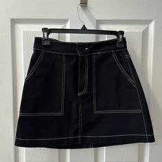 Nwot Zara Black High Waisted Mini Skirt W White Stitching Size Small Never Worn Black Relaxed Skort With Pockets, Black Cotton Mini Skirt For Work, Black Cotton Mini Skirt With Relaxed Fit, Black Relaxed Cotton Mini Skirt, Black Cotton Relaxed Mini Skirt, High Waisted Mini Skirt, Zara Black, Mini Skirt, Womens Skirt