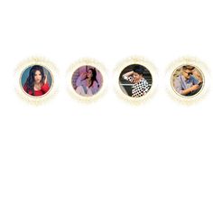 four different pictures of people in the middle of a white background with gold trim around them