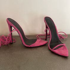 Handmade Lace Up/ Hot Pink Suede Heels. Beautifully Made, Size Too Big.Never Worn- Purchased In August 2021 Pink Suede Heels With 4-inch Heel, Pink Suede Heels With Pointed Toe, Pink Suede High Heels, Lace-up Suede Sandals For Party, Pink Suede Heels With Heel Strap, Pink Lace-up Heels For Formal Occasions, Pink High Heel Suede Sandals, Pink Suede High Heel Sandals, Pink Suede Closed Toe Heels