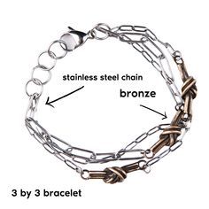 Layered with chain or knots, these Bronze Knot Bracelets provide options for a single bracelet that looks like a stack. Choose if you want multiple knots and chains or a single, modern style of a chunky curb chain with a single know. For him and her, these make a great couples gift as well. Details stainless steel and bronze available in 3 styles adjustable length from 6"-7.5" please request a longer length if needed at no added fee perfect for 8th and 11th Anniversaries, friendship gifts This i Adjustable Metal Box Chain Bracelet, Adjustable Double Chain Bracelet For Everyday, Elegant Adjustable Chain Bracelet With Hooks And Links, Adjustable Chain Link Bracelet With Hooks, Adjustable Chain Link Metal Bracelet, Adjustable Link Chain Bracelet With Hook And Links, Adjustable Link Chain Bracelet With Hooks, Adjustable Metal Chain Link Bracelet, Metal Multi-strand Chain Bracelet