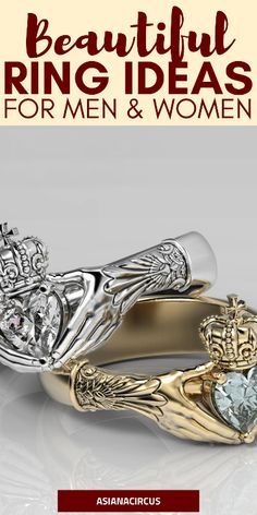 two gold and silver wedding rings with the words beautiful ring ideas for men and women