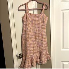 Beautiful Tweed Dress With Asymmetrical Hem, Excellent Condition, Nwt P2p 16” Waist 13.5” No Size Tag But I Would Say Size 4 Spring Sleeveless Tweed Mini Dress, Sleeveless Tweed Mini Dress For Spring, Fitted Tweed Dress With Ruffles, Fitted Tweed Mini Dress For Spring, Spring A-line Tweed Mini Dress, Chic Pink Sleeveless Tweed Dress, Pink Fitted Mini Length Tweed Dress, Spring Fitted A-line Tweed Dress, Spring A-line Fitted Tweed Dress