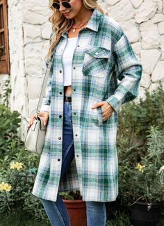 Women's Plaid Shacket INS Style Woolen Plaid Print Long Sleeve Jacket Long-Length Check Shacket Trendy Long Outerwear With Pockets, Plaid Winter Outerwear With Buttoned Pockets, Plaid Long Sleeve Outerwear With Button Closure, Plaid Single Breasted Shacket For Winter, Plaid Single-breasted Shacket For Winter, Casual Long Outerwear With Button Closure, Trendy Long Green Outerwear, Collared Plaid Winter Outerwear, Plaid Collared Outerwear For Winter