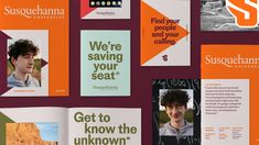 an assortment of brochures are displayed on a purple surface with orange and green accents