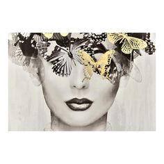 a woman's face with butterflies over her eyes and the image is painted in black and white