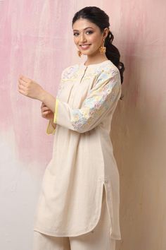 Buy Leela by A White Jute Cotton Embroidered Sleeve Kurta And Pant Set Online | Aza Fashions Cotton Sets With Embroidered Neckline Straight Kurta, Navratri Floral Embroidered Multicolor Top, Multicolor Floral Embroidered Top For Navratri, Navratri Multicolor Floral Embroidered Top, White Embroidered Sleeves Straight Kurta, White Bollywood Style Kurta For Spring, Eid Cotton Sets With Embroidered Neckline, Festive White Kurta With Embroidered Neckline, Eid White Kurta With Embroidered Sleeves