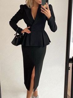 Long Sleeve Jacket & Split Skirt Two-Piece Suit Split Skirt, Long Sleeve Jacket, Trendy Fashion Outfits, Fashion Color, Sleeve Jacket, Long Sleeves Jacket, Women Set, Two Piece Dress, Fashion Colours