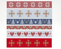 four different knitted christmas patterns with hearts and snowflakes on the sides, all in various colors