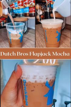 there is a collage of photos showing how to make a drink in a plastic cup