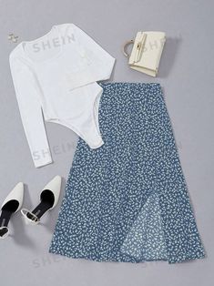 Women's & Men's Clothing, Shop Online Fashion | SHEIN Skirt Two Piece Outfit, Split Skirt Outfit, Floral Spaghetti Strap Dress, Costum Elegant, Bodysuit And Skirt, Body Rock, Skirt Two Piece, Solid Color Jumpsuits, Square Neck Bodysuit