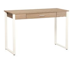 a wooden desk with white legs and a drawer on the bottom shelf, against a white background