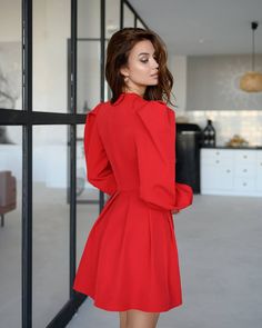 Fabric: Crepe Cotton 75%, Polyester 20%, Elastane 5% V-neck Mini length Puff-sleeve Solid Color Puff Sleeve Dress For Brunch, Fitted Long Sleeve Puff Sleeve Dress In Solid Color, Elegant Red Long Sleeve Puff Sleeve Dress, Elegant Red Long Sleeve Puff Dress, Structured Shoulders Puff Sleeve Dress For Work, Red Long Sleeve Fitted Puff Sleeve Dress, Workwear Bishop Sleeve Puff Dress With Structured Shoulders, Elegant Red Knee-length Puff Sleeve Dress, Workwear Puff Sleeve Dress With Structured Shoulders