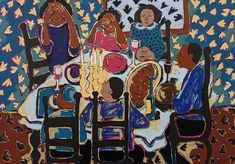 a painting of people sitting at a dinner table