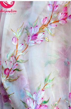 pink flowers on white fabric with green stems in the center and purple leaves at the bottom