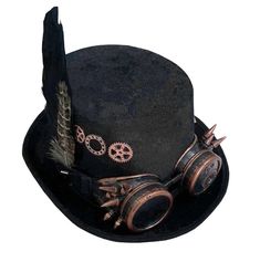 Enhance your look with this versatile unisex top hat. It's an impressive choice that can truly transform your appearance. Designed to impress both men and women, it comes with goggles. Crafted from high-quality synthetic leather, you'll love its style and comfort. Buy now! Black Steampunk Hat For Alternative Fashion, Steampunk Brimmed Mini Hats For Cosplay, Steampunk Brimmed Halloween Costume Hat, Vintage Black Mini Hat For Cosplay, Black Steampunk Hat For Cosplay, Punk Style Adjustable Costume Hats For Cosplay, Adjustable Punk Costume Hats And Headpieces For Cosplay, Steampunk Costume Accessories With Brimmed Shape, Steampunk Brimmed Costume Accessories For Costume Party