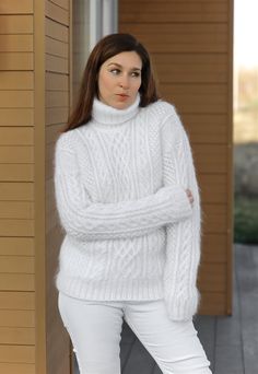 Check out mohair sweater you get very warm and cozy clothing More colours and models  show  www.etsy.com/shop/MagicclewByLesia Body ligth 63 cm or  25 inches body width 50 cm or 19,5  inches Sleeve measured  57  cm or  22,5  inches Size M-L, medium Made from yarn PREMIUM QUALITY MOHAIR YARN All the measurement are taken without the item and not streetched. Please, check carefully the described measurements before you decide to purchase this item If you have any questions , ask me All measurement White Chunky Knit Turtleneck For Winter, Winter Mohair Turtleneck Sweater, Mohair Turtleneck Sweater With Soft Knit, Soft Knit Mohair Turtleneck Sweater, Cozy Winter White Mohair Sweater, Cozy Mohair Sweater In Winter White, Cozy White Cable Knit Turtleneck, White Mohair Chunky Knit Sweater, White Knitted Alpaca Sweater