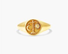 14K Yellow Gold Libra Zodiac Signet Ring. Libra is symbolized by the scale which represents equality, balance and justice. Harmony will always be a priority for the fair minded Libra. Inspired by mythological imagery, our Zodiac Signet Ring collection is the perfect talisman to channel this energy. Libra Ring, Manifest Goals, Gold Piercings, Nature Spirituality, Aries And Libra, Must Have Jewelry, Locket Bracelet, Wicca Witchcraft, My Future Life