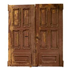 an old wooden door is open on a white background