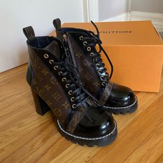 Louis Vuitton Boots - Iconic Monogram Print On The Sides - Worn About 10 Times (They Are Practically New) - Comes In The Original Box - Comes With Two Dust Bags - Comes With An Extra Pair Of The Shoe Laces - They Are Authentic Louis Vuitton Boots. - I Absolutely Love These Shoes! But Ready To Get A New Type Of Style. Shoes Louis Vuitton, Brown Heeled Boots, Louis Vuitton Boots, Monogram Prints, Louis Vuitton Shoes, Types Of Fashion Styles, Shoes Heels Boots, Authentic Louis Vuitton, Shoes Women Heels