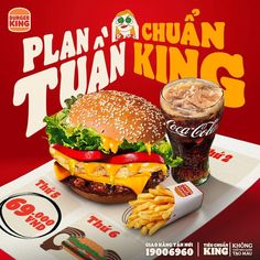 an advertisement for a burger king with fries and soda