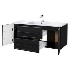 a bathroom vanity with two drawers and a sink in black, white and oak finish