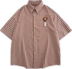 Brown Graphic Print Button-up Top, Brown Cotton Tops With Buttons, Trendy Brown Cotton Shirt, Brown Cotton Short Sleeve Shirt For Spring, Spring Brown Cotton Short Sleeve Shirt, Striped Cotton Shirt With Graphic Print, Trendy Cotton Short Sleeve Shirt With Button Closure, Cute Flower, Stripe Shirt