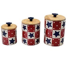 three red, white and blue canisters with stars on the lids are set next to each other