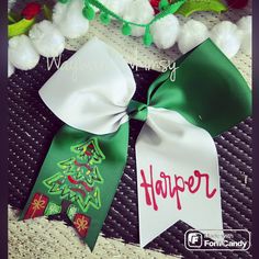 "8\" white and green grosgrain hair bow with an elastic hair tie  Hand painted custom for you.   Any name or initials Wait list is about 3-4 weeks" Green And White Christmas Tree, Green And White Christmas, Christmas Tree Hair, Personalized Bow, Door Hanger Template, Christmas Hair Bows