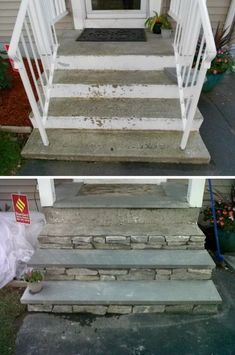 before and after photos of steps leading up to the front door