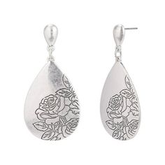 Simple and sophisticated this earring features an etched floral pattern for an easy wardrobe update. No stones. Made in China. Exclusively at Walmart. Size: one size.  Color: Silver.  Gender: female.  Age Group: adult. Easy Wardrobe, Metal Drop, Metal Etching, Silver Jewelry Earrings, Wardrobe Update, The Pioneer Woman, Hammered Metal, Pioneer Woman, Metal Earrings