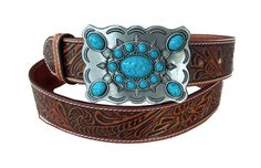 This style features a large western style pewter metal buckle with synthetic turquoise pieces. It has a 100% genuine thick leather belt strap. The belt has an embossed floral design and white stitched edges. The buckle can be removed with two snaps on the end of the belt that are hidden when the belt is worn. You can switch your buckles around (we also sell straps/buckles separately).  It is 100% full grain leather, heavy duty yet supple, made in the USA. Width Measures 1 1/2''  PLEASE SEE PICTU Southwestern Turquoise Concho Belt Buckles, Western Turquoise Belt With Concho, Turquoise Western Belt With Concho, Southwestern Concho Belt Buckles For Ranch, Adjustable Turquoise Western Belt Buckles, Blue Concho Western Belt Buckles, Southwestern Hand-tooled Belt Buckle For Western-themed Events, Western Style Blue Concho Belt Buckles, Turquoise Bohemian Belt With Concho