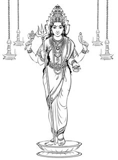 the hindu goddess standing in front of hanging candles with her hands up and holding a staff