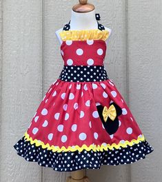 MINNIE MOUSE RED POLKA AND YELLOW WHITE POLKA DOT BIRTHDY HALTER DRESS Red Cotton Minnie Mouse Dress, Summer Halter Dress, Minnie Mouse Red, Halter Dress Summer, Girls Red, White Polka Dot Dress, Red Polka Dot, Polka Dot Dress, Dot Dress