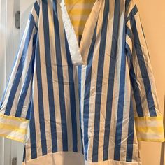 Yellow, Blue, White Striped Woven Collared Tunic With Open Placket Design. Great As A Summer Dress With Sandals Or A Swim Coverup, And Over Jeans Or Leggings. Never Been Worn. Size Small-Medium. Summer Dress With Sandals, Placket Design, Swim Coverup, Dress Tunic, Stripe Dress, Yellow Blue, Tunic Dress, Striped Dress, Yellow White