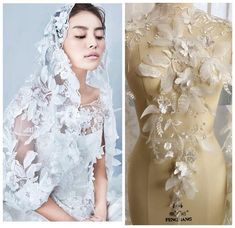 two pictures one with a veil and the other with flowers on it, both in white