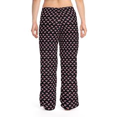 These pink bow pattern goth pajama pants for women are too cute! Wear them around the house or anywhere and feel comfy all day! Their 100% polyester jersey knit fabric, along with the relaxed fit, makes for the ultimate comfort choice while kicking back at home. Meanwhile, the back elastic with the drawstring tie creates the perfect fit while the all-over-print adds a stylish dimension unique to your taste.  .: 100% polyester. Light, soft, and silky fabric. Not your typical PJ Pants. .: Light fabric (6 oz/yd² (203 g/m .: Relaxed comfort fit .: Back elastic and black drawstring tie .: Sewn-in care label Pink Bow Pattern PJ / Pink Bow Pajama / Pink Bow PJ / Pink and Black PJ / Womens Pajama Pants / Goth Pajama Pants / Goth Pants / Pink Bows Pants Black Elastic Waistband Pants For Sleepover, Black Casual Sleep Pants, Casual Black Sleep Pants, Black Pants With Elastic Waistband For Sleepover, Casual Black Bottoms For Pajama Party, Black Sleep Bottoms Long Pants, Black Sleep Bottoms, Black Bottoms For Sleepover, Black Cotton Sleep Pants