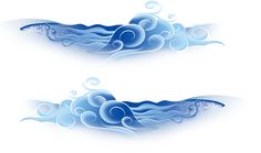 two blue water waves with bubbles on white background