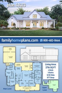 two story house plan with 3 car garage and living area in the front, an open floor