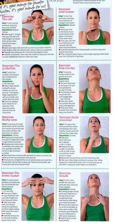 a woman in green tank top holding her hands to her face with instructions on how to do